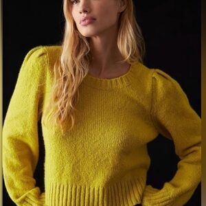Anthropologie Maeve crewneck puff-sleeve sweater Neon Yellow Size L